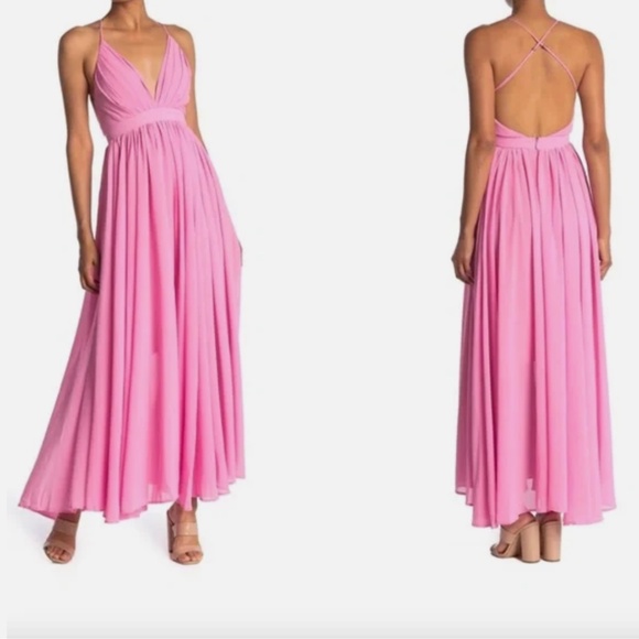 NEW MEGHAN LA Bubble Gum Pink Halter V-Neck Enchanted Garden Maxi Dress LARGE - Picture 1 of 12